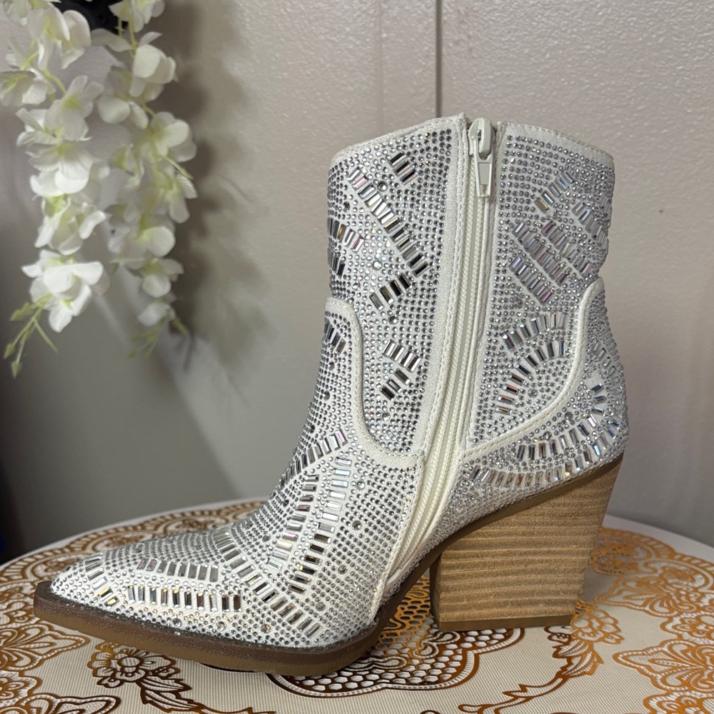 Very G White Rhinestone Heeled Boots - Picture 3 of 4